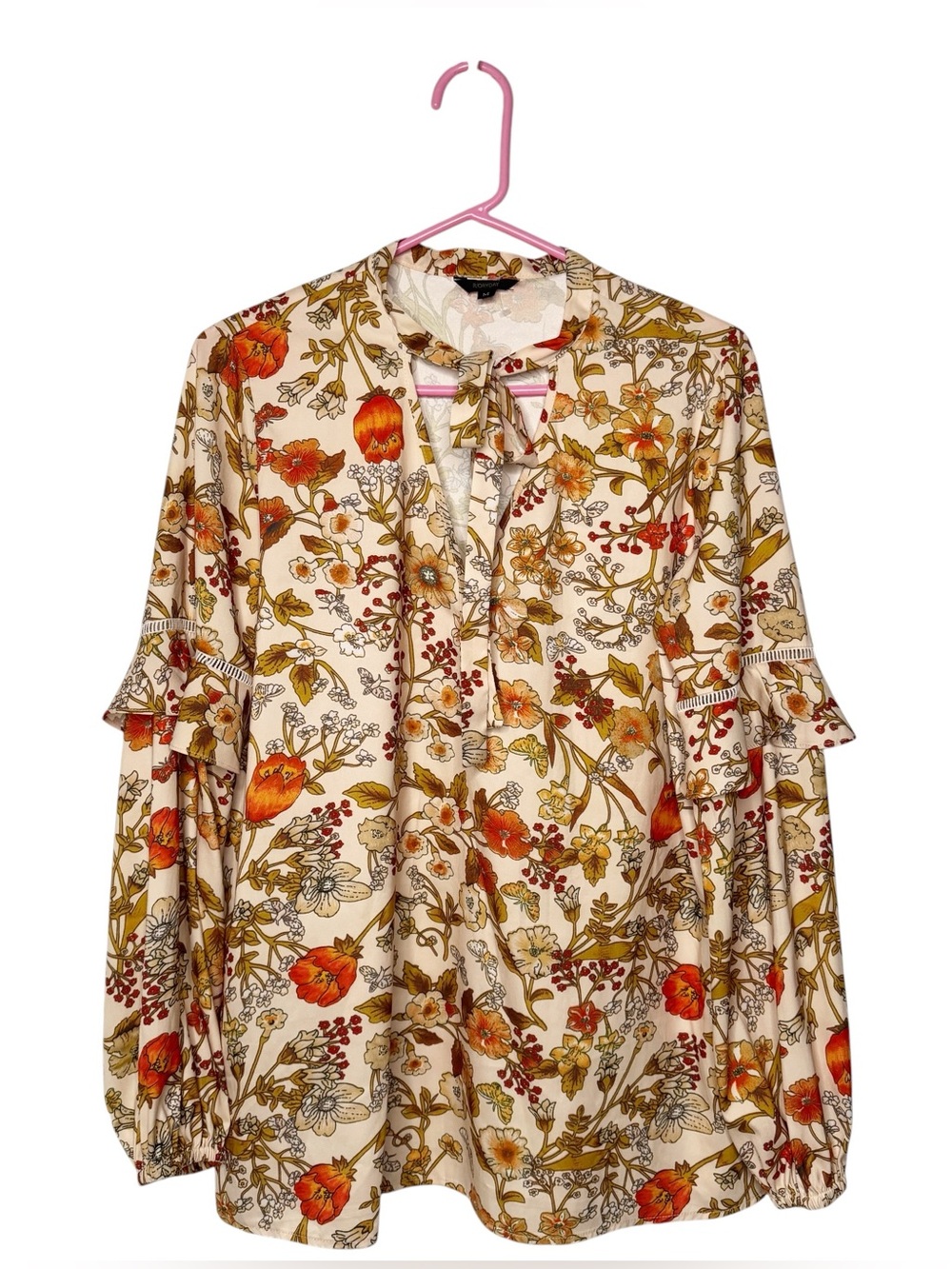 Floryday Floral Silky Blouse Button Flowy Ladder Lace Size M